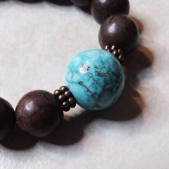 Hamsa Hand! Turquoise + Mocha Mousse! Howlite + Magnesite Blessings Bracelet 6" - Picture 7 of 9